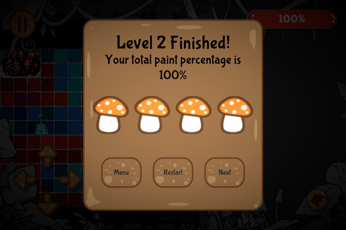 Planet Painter — level finish screen with paint percentage